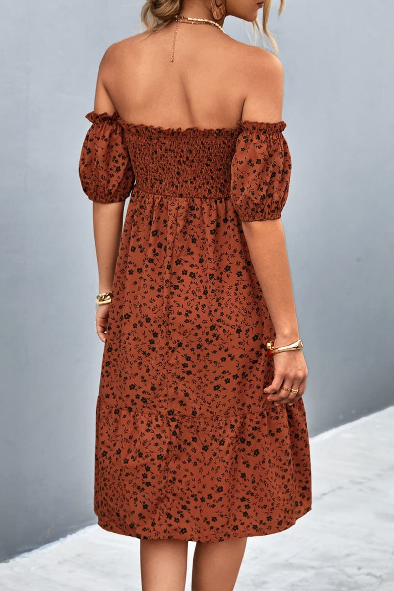 ripped off the shoulder dress Floral Smocked Frill Trim Off-Shoulder Dress – SCULPTURA® Couture