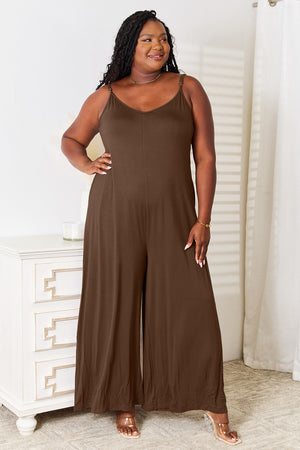 Curvy Girl Soft Rayon Spaghetti Strap Tied Wide Leg Jumpsuit