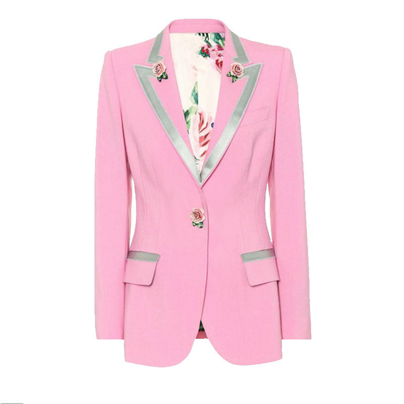 Metallic Lapel Rose Button Pink Long Sleeve Blazer