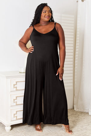 Curvy Girl Soft Rayon Spaghetti Strap Tied Wide Leg Jumpsuit