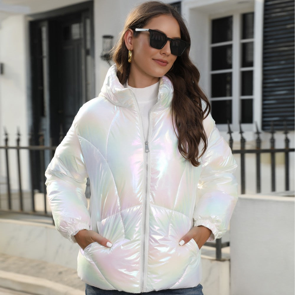 Iridescent Pink Shiny Hooded Puffer Coat