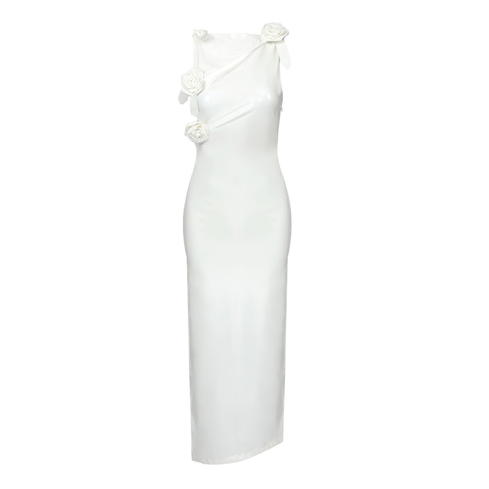 White Glaze Faux Leather Pleated Rose Bow Maxi Dress