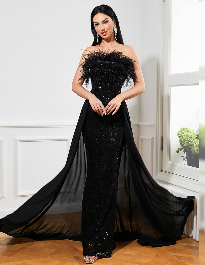Magnificent Black Sequined Strapless Feather Wrapped Evening Dress – SCULPTURA® Couture