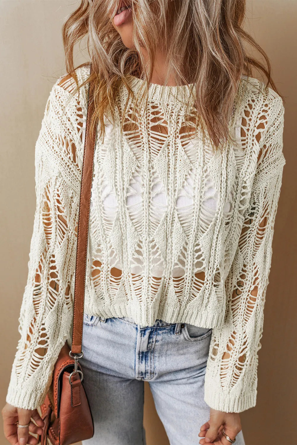 Cutout Round Neck Long Sleeve Knit Sweater