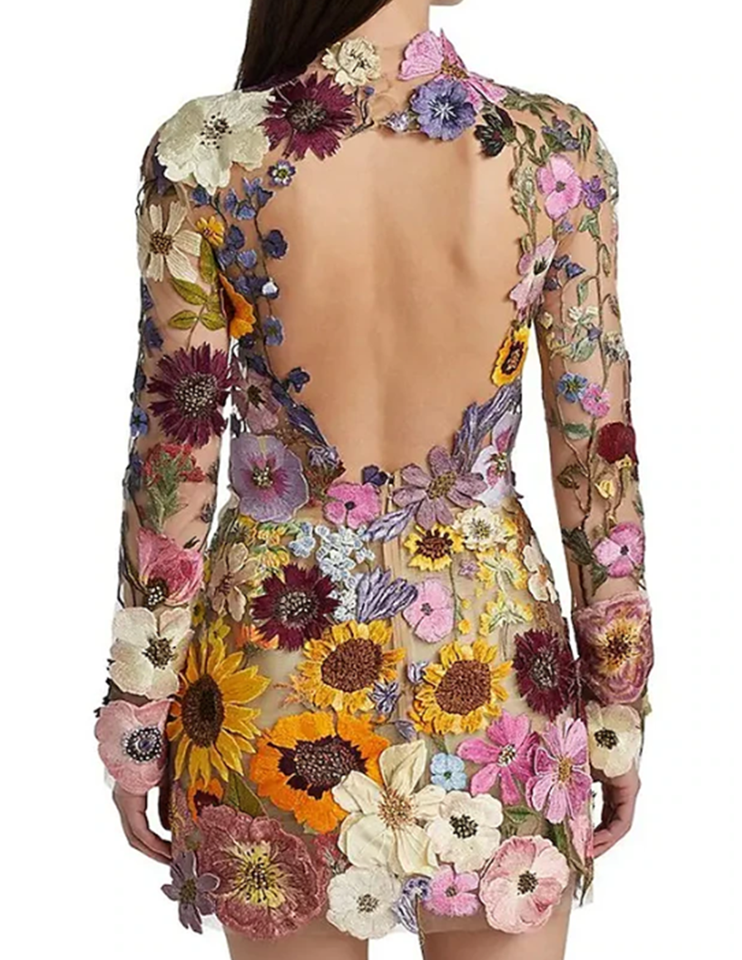 3-Dimensional Embroidered Floral Sheer Sheath Dress