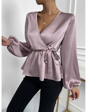Light Purple Deep V Lantern Sleeve TIe Front Ruffle Blouse
