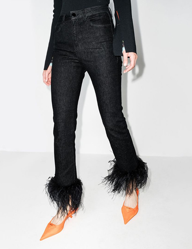 Ostrich Feather Trim Straight Leg High Waist Black Denim Jeans