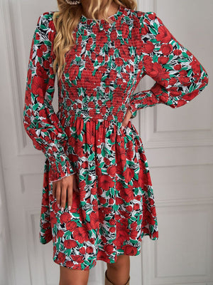 Printed Puff Sleeve Smocked Dress