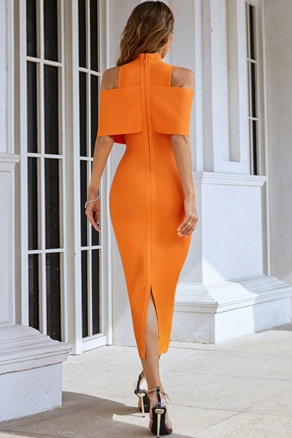 Cold-Shoulder Mock Neck Slit Orange Midi Dress