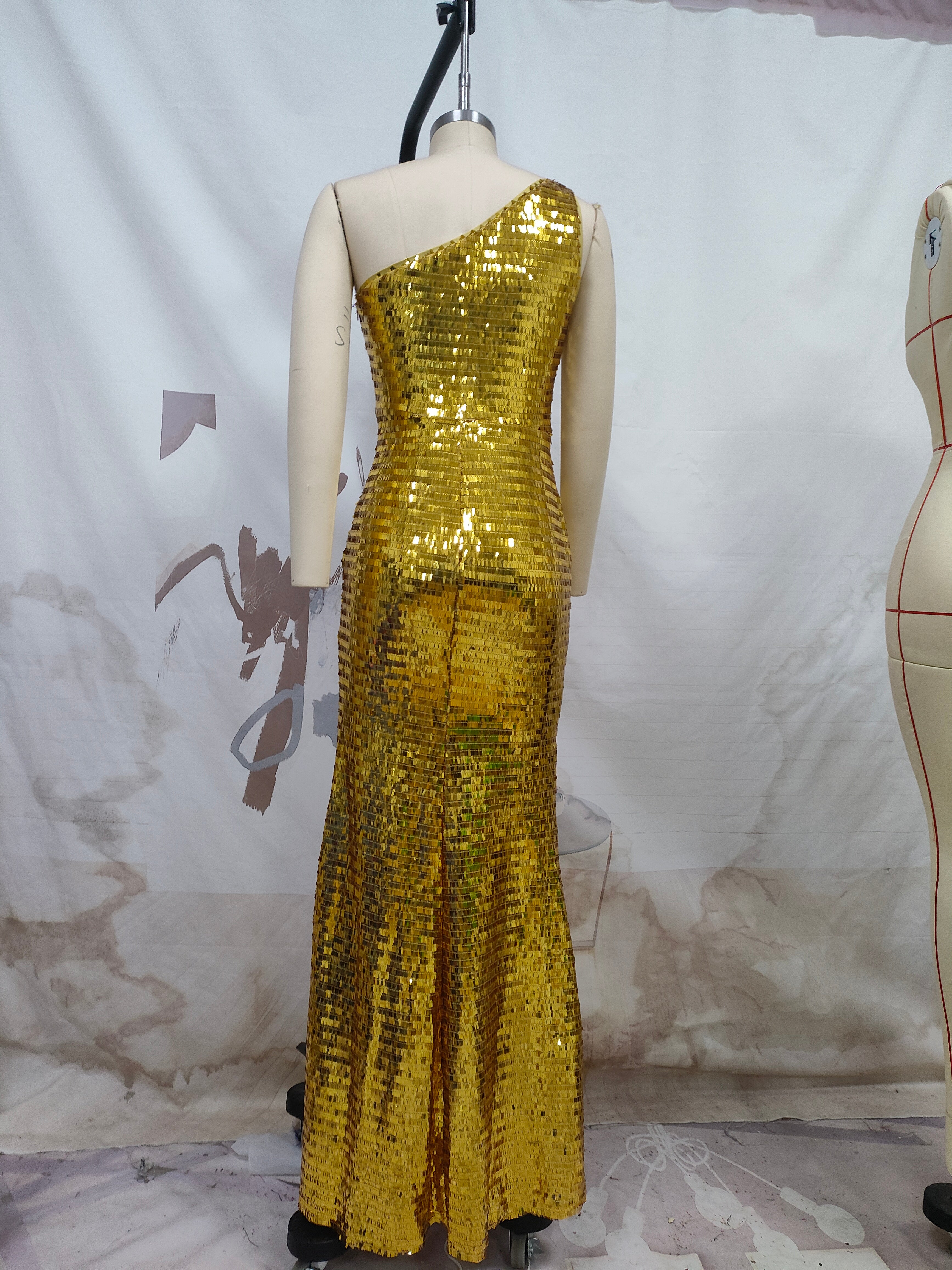 One Shoulder Sleeveless Gold Sequined Maxi Dress