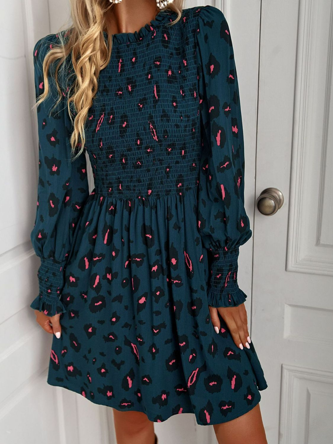 Printed Puff Sleeve Smocked Dress