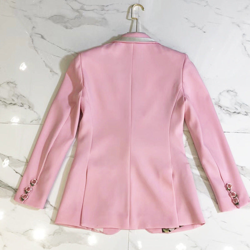 Metallic Lapel Rose Button Pink Long Sleeve Blazer