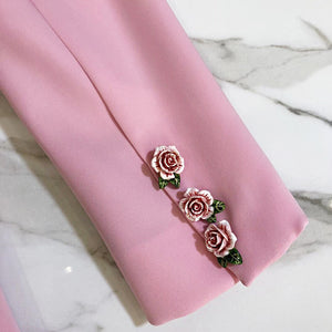 Metallic Lapel Rose Button Pink Long Sleeve Blazer