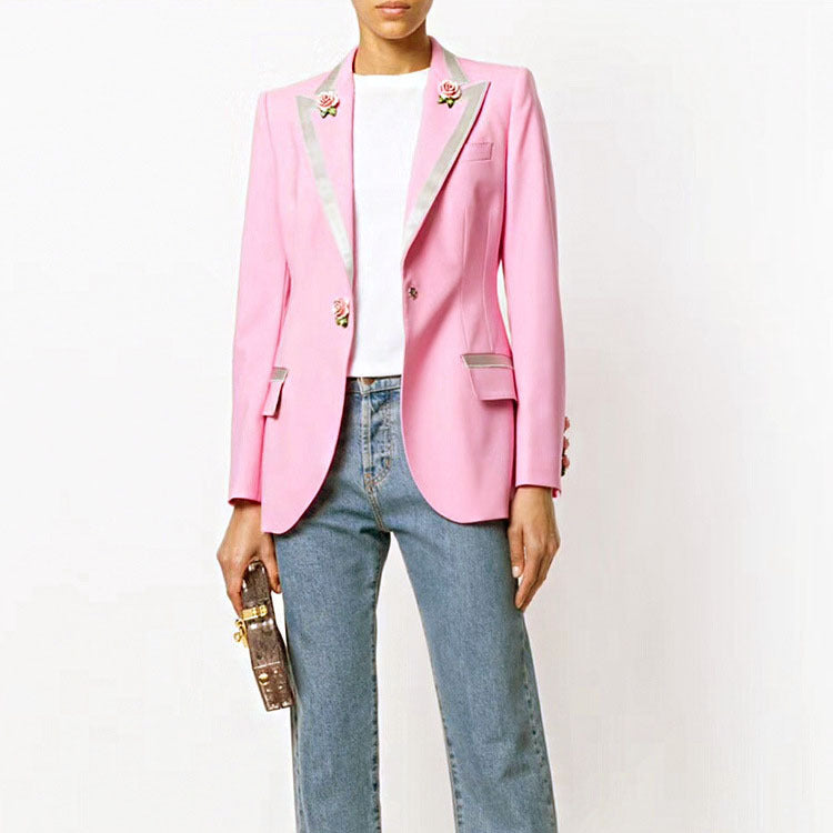 Metallic Lapel Rose Button Pink Long Sleeve Blazer