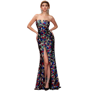 Geometric Abstract Design Strapless Sequined Gown with Slit