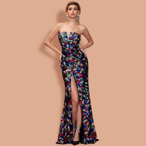 Geometric Abstract Design Strapless Sequined Gown with Slit