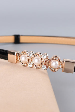 Rhinestone and Pearl Flower Adjustable Vegan Leather Belt