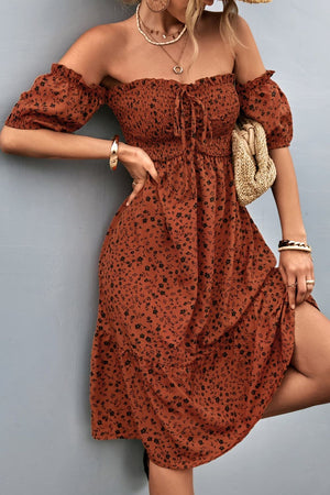 Floral Smocked Frill Trim Off-Shoulder Dress