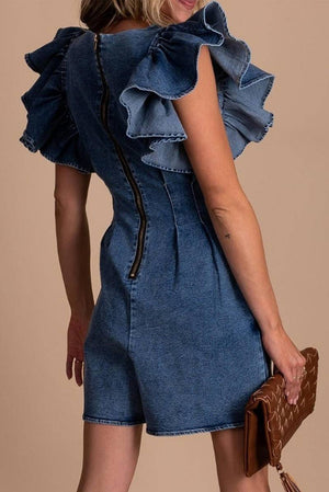 Ruffle Pleated Denim Romper With Pockets