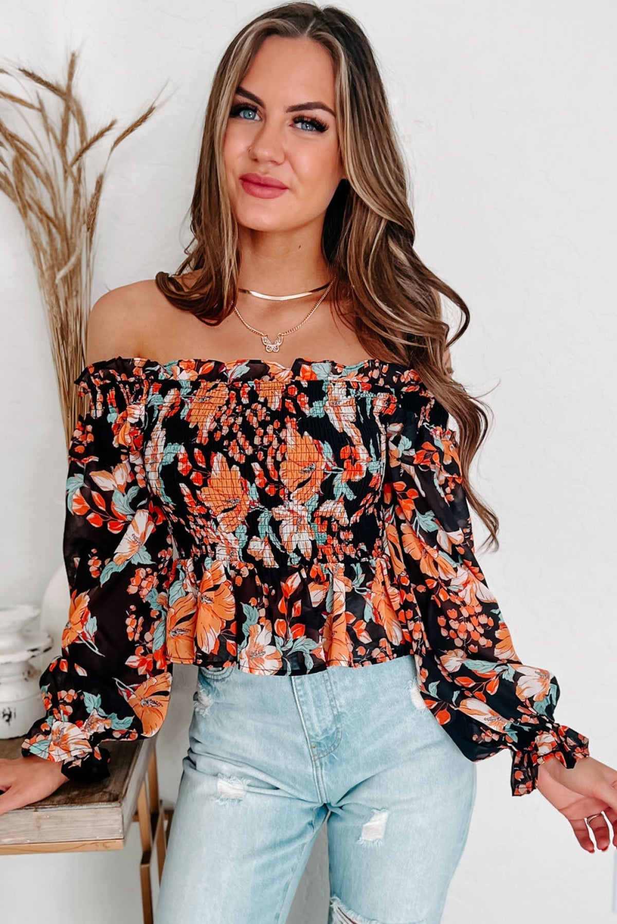 Black Off The Shoulder Smocked Floral Top
