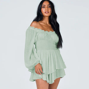 Off-Shoulder Smocked Elastic Waist Pleated Rompers