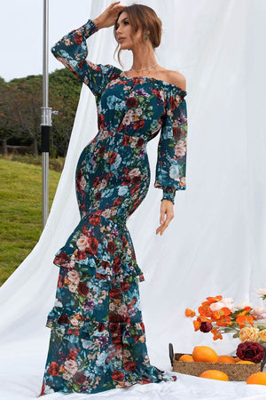 Floral Ruffle Trim Off-Shoulder Dress
