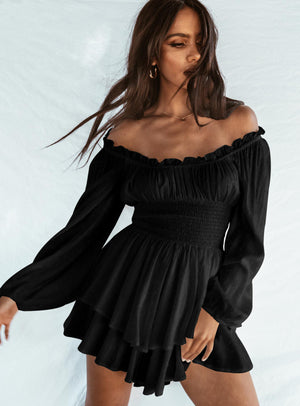 Off-Shoulder Smocked Elastic Waist Pleated Rompers