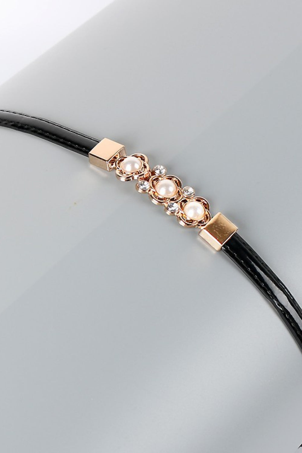 Rhinestone and Pearl Flower Adjustable Vegan Leather Belt