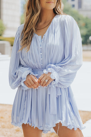 Pleated Button Front Flounce Sleeve Romper