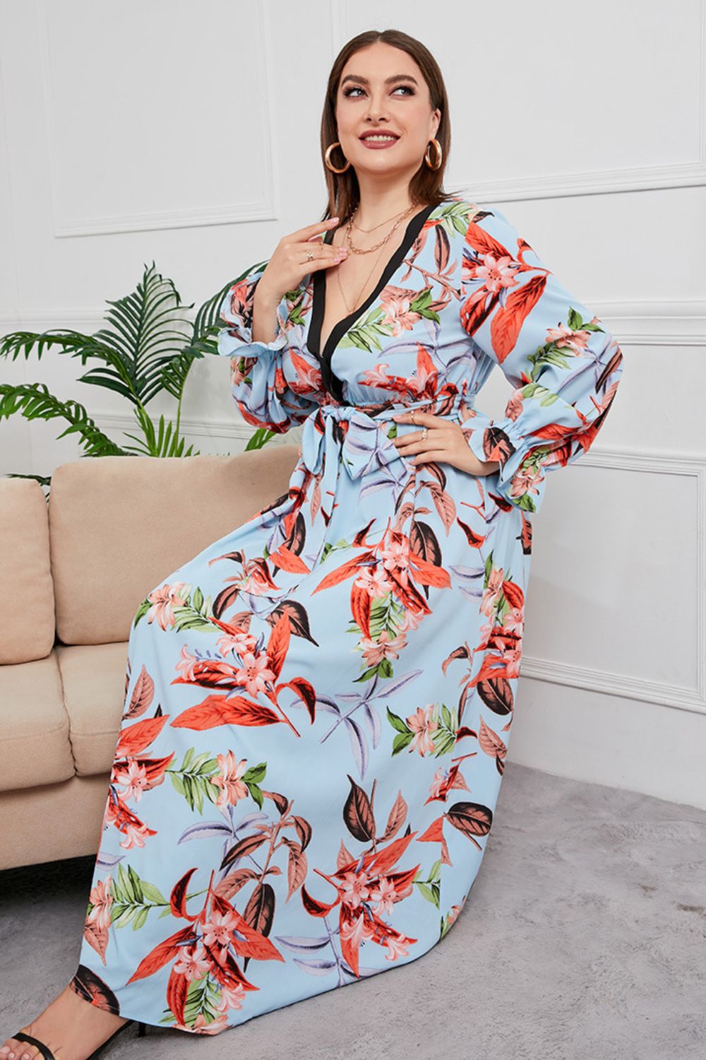 Curvy Girl Belted Surplice Flounce Sleeve Maxi Dress