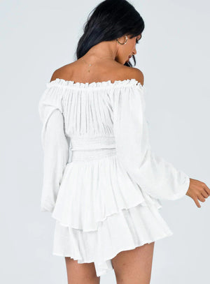Off-Shoulder Smocked Elastic Waist Pleated Rompers