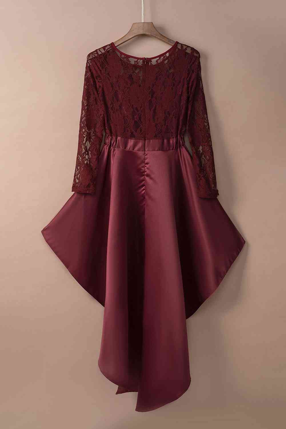 Spliced Lace High-Low Long Sleeve Dress