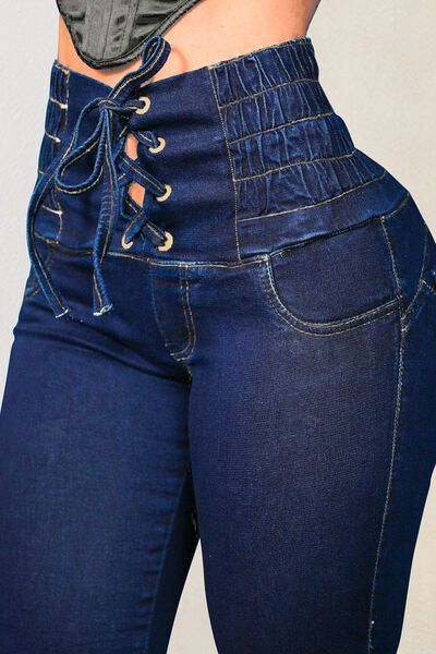 Lace-Up High Waist Jeans with Pockets
