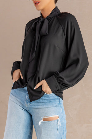 Strappy Cutout Tie Neck Raglan Sleeve Shirt