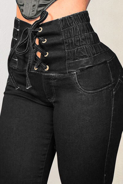 Lace-Up High Waist Jeans with Pockets
