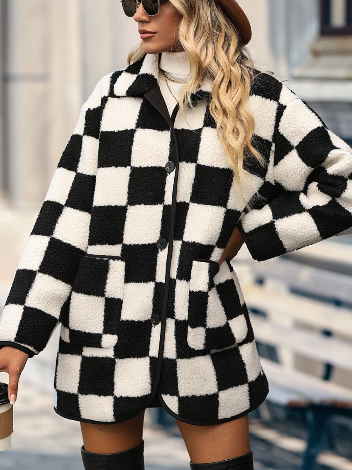 Checkered Button Front Coat with Pockets