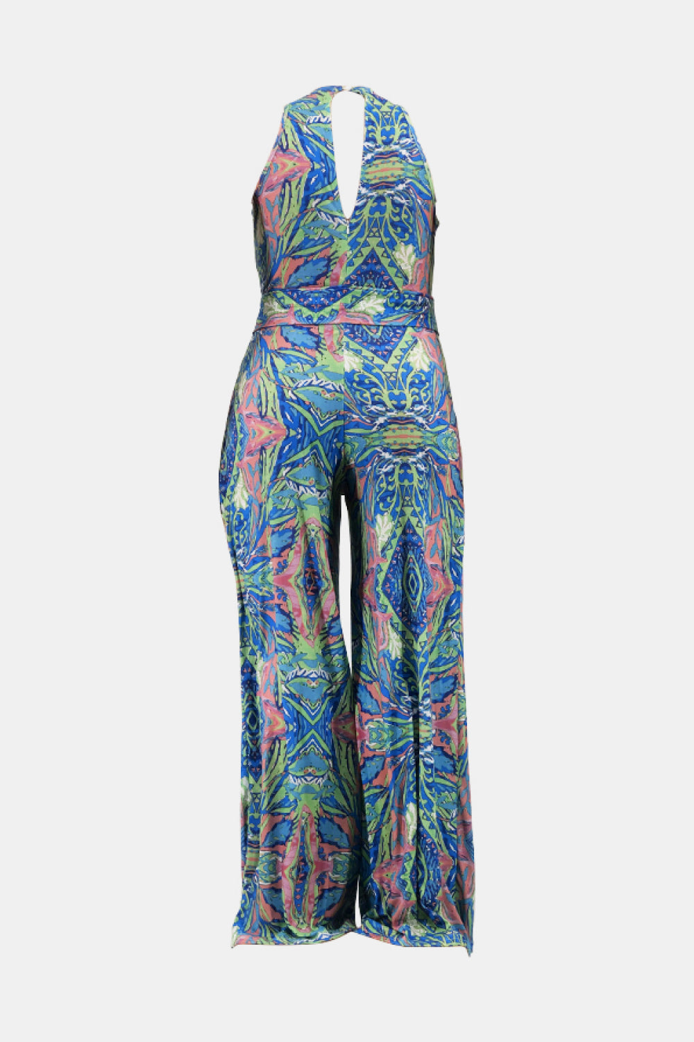Plus Size Printed Tie Waist Jumpsuit with Pockets