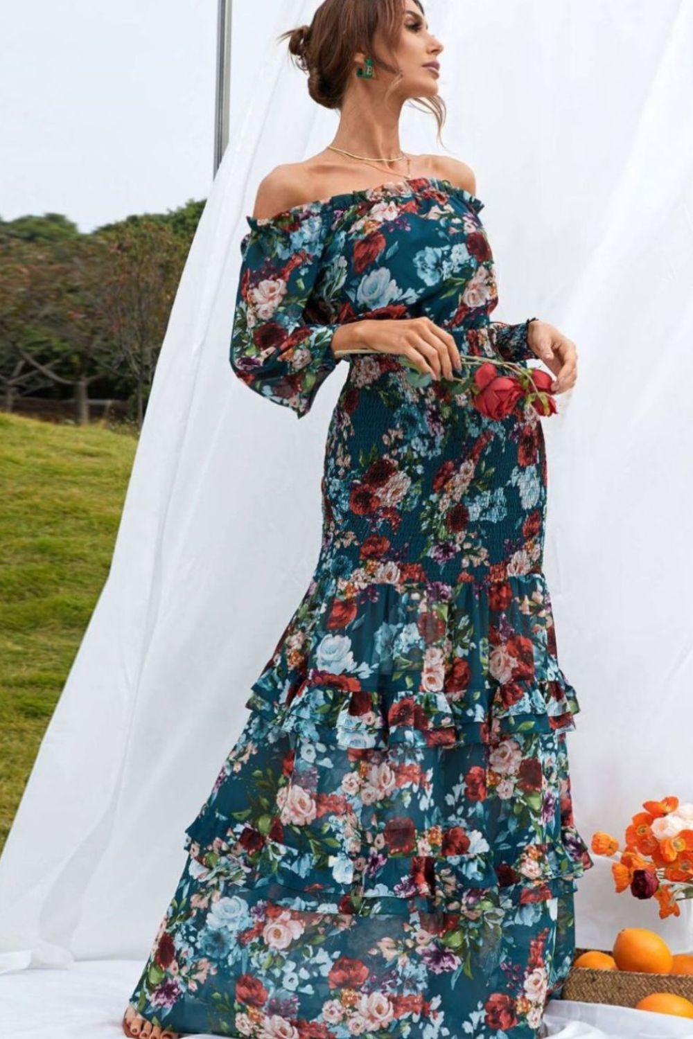 Floral Ruffle Trim Off-Shoulder Dress