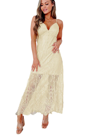 Beige Spaghetti Straps Chemise Lined Lace Maxi Dress