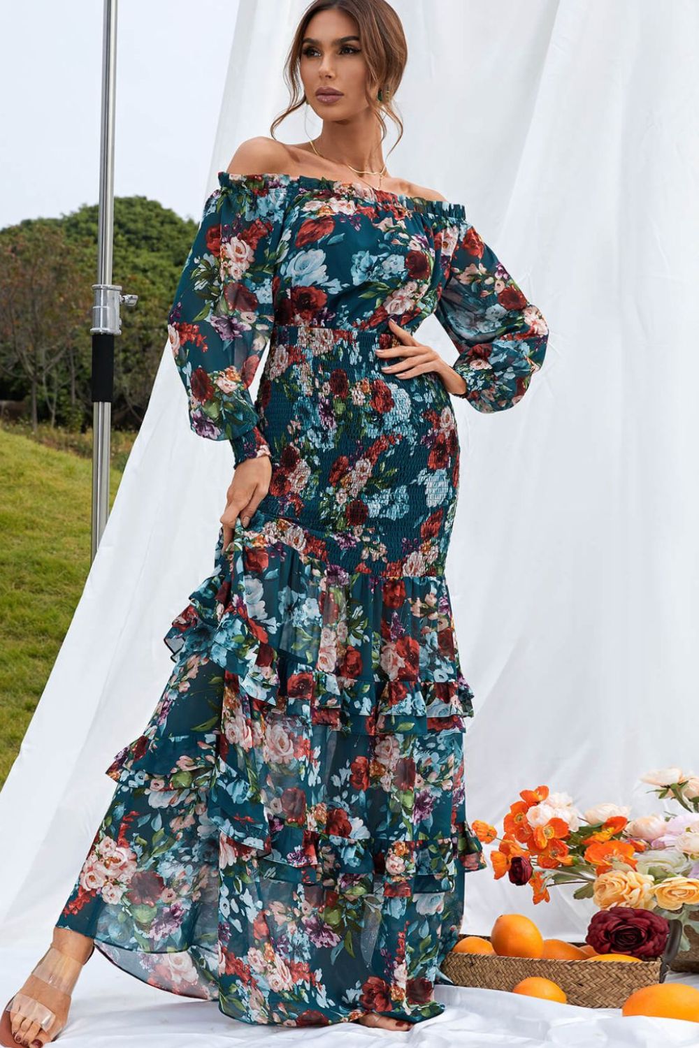 Floral Ruffle Trim Off-Shoulder Dress