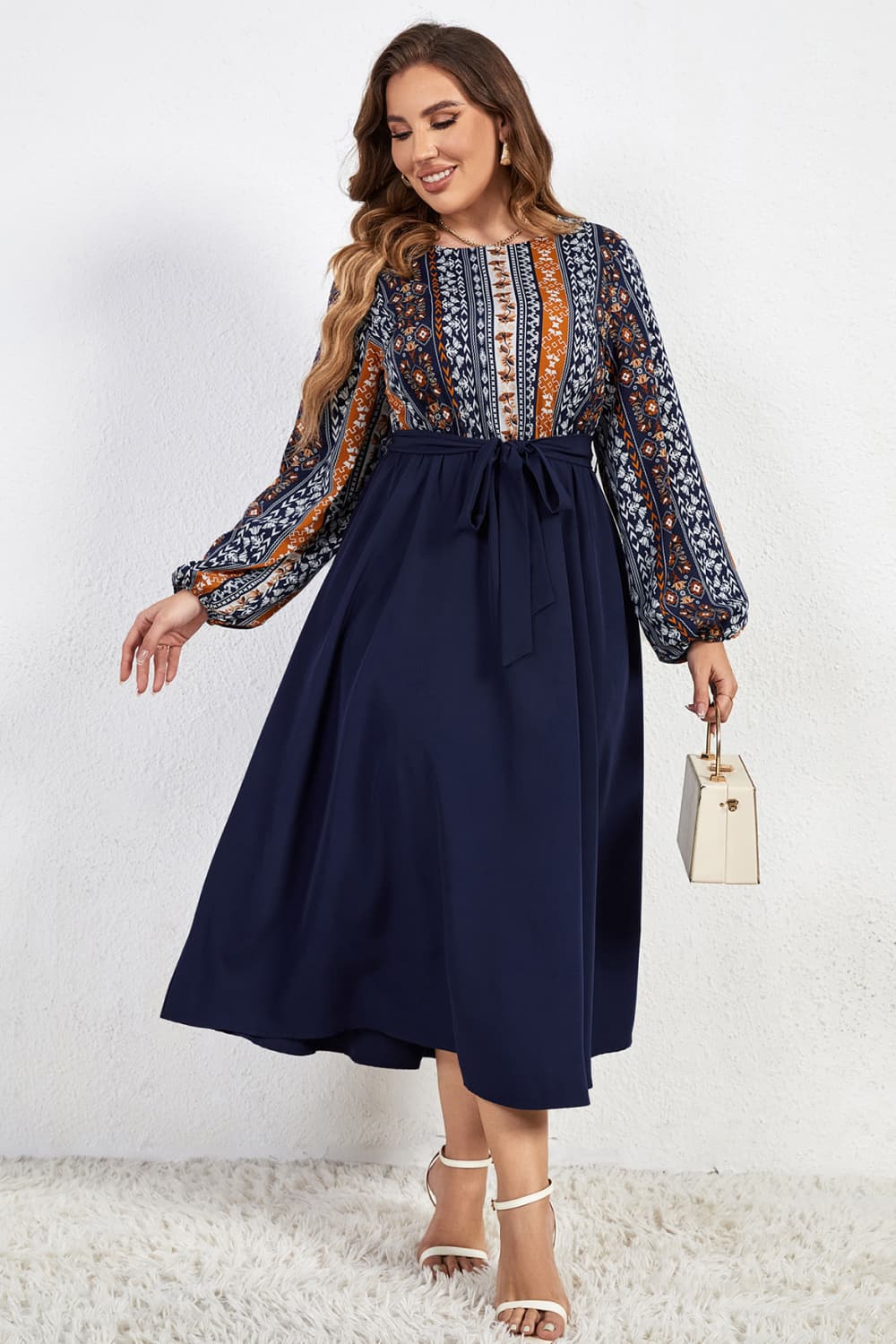 Curvy Girl Printed Tie Belt Boat Neck Midi Dress