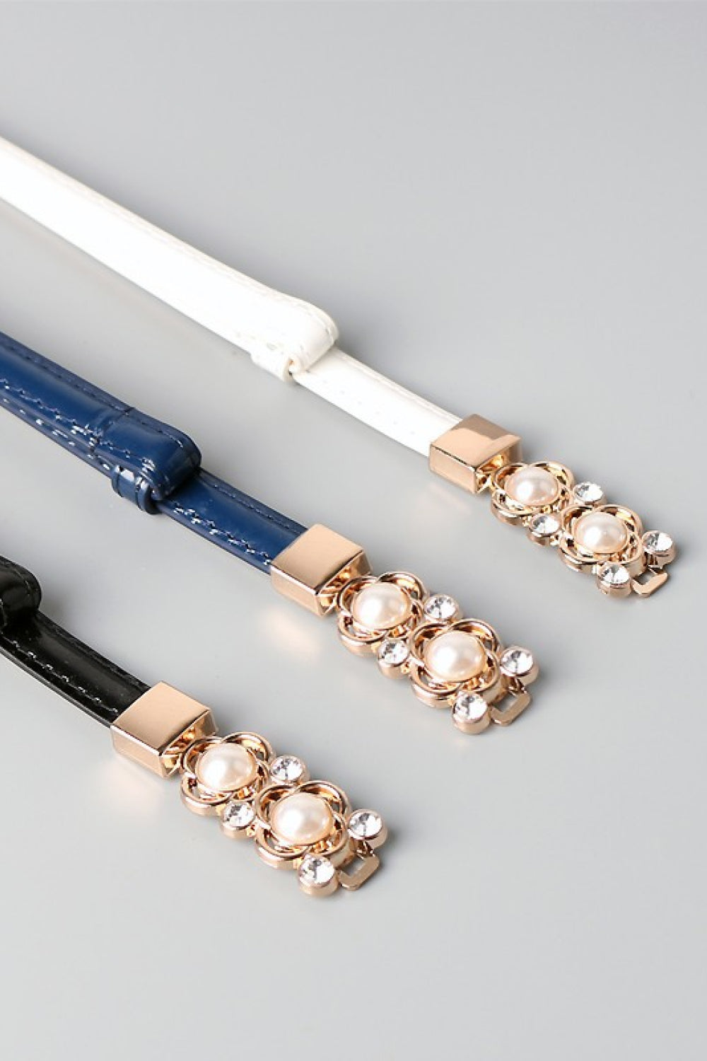 Rhinestone and Pearl Flower Adjustable Vegan Leather Belt