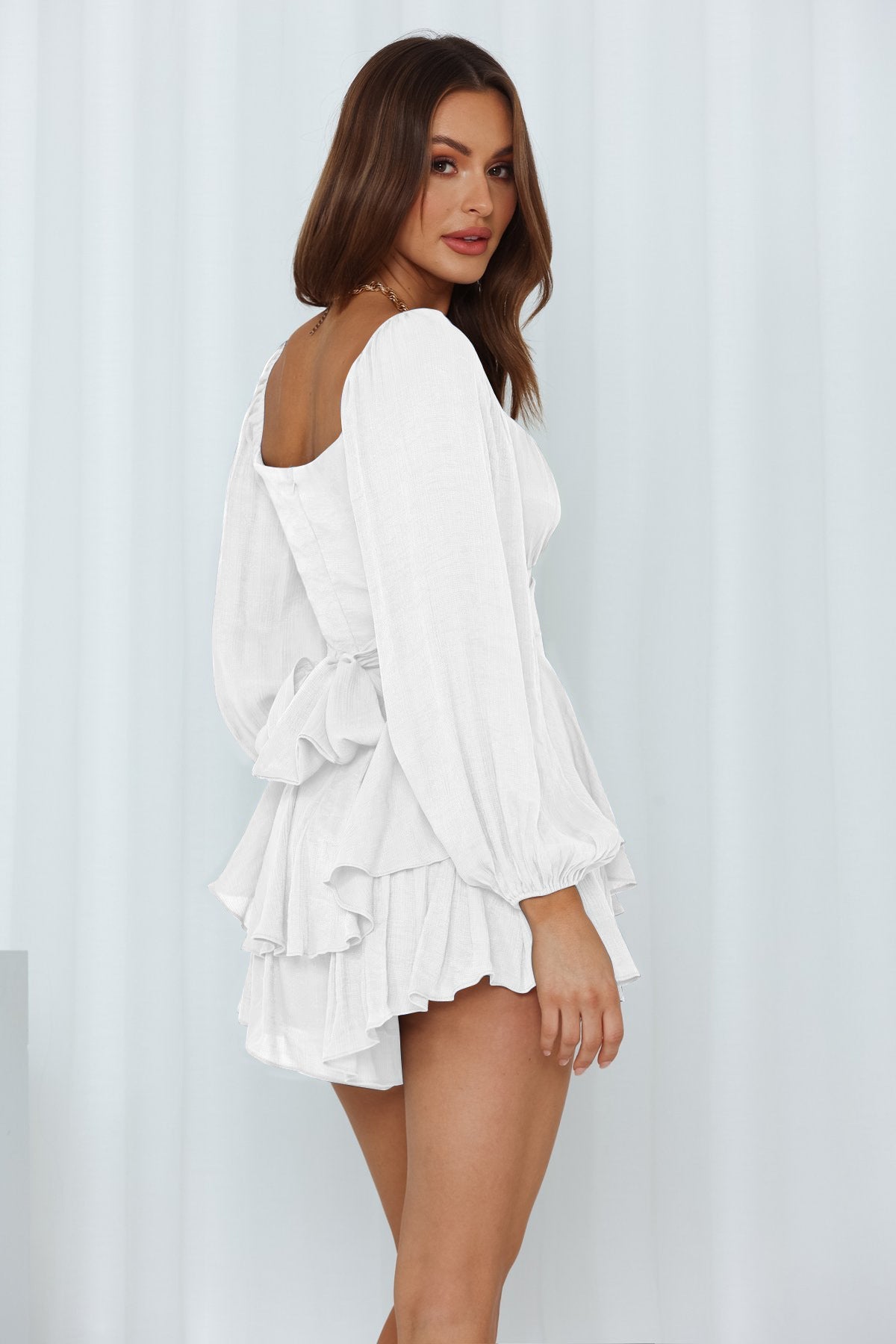 Solid Balloon Sleeve Back Tie Tiered Romper