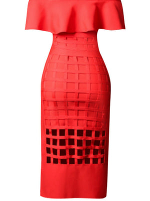 Layered Off-Shoulder Cutout Slit Red Midi Dress