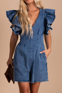 Ruffle Pleated Denim Romper With Pockets