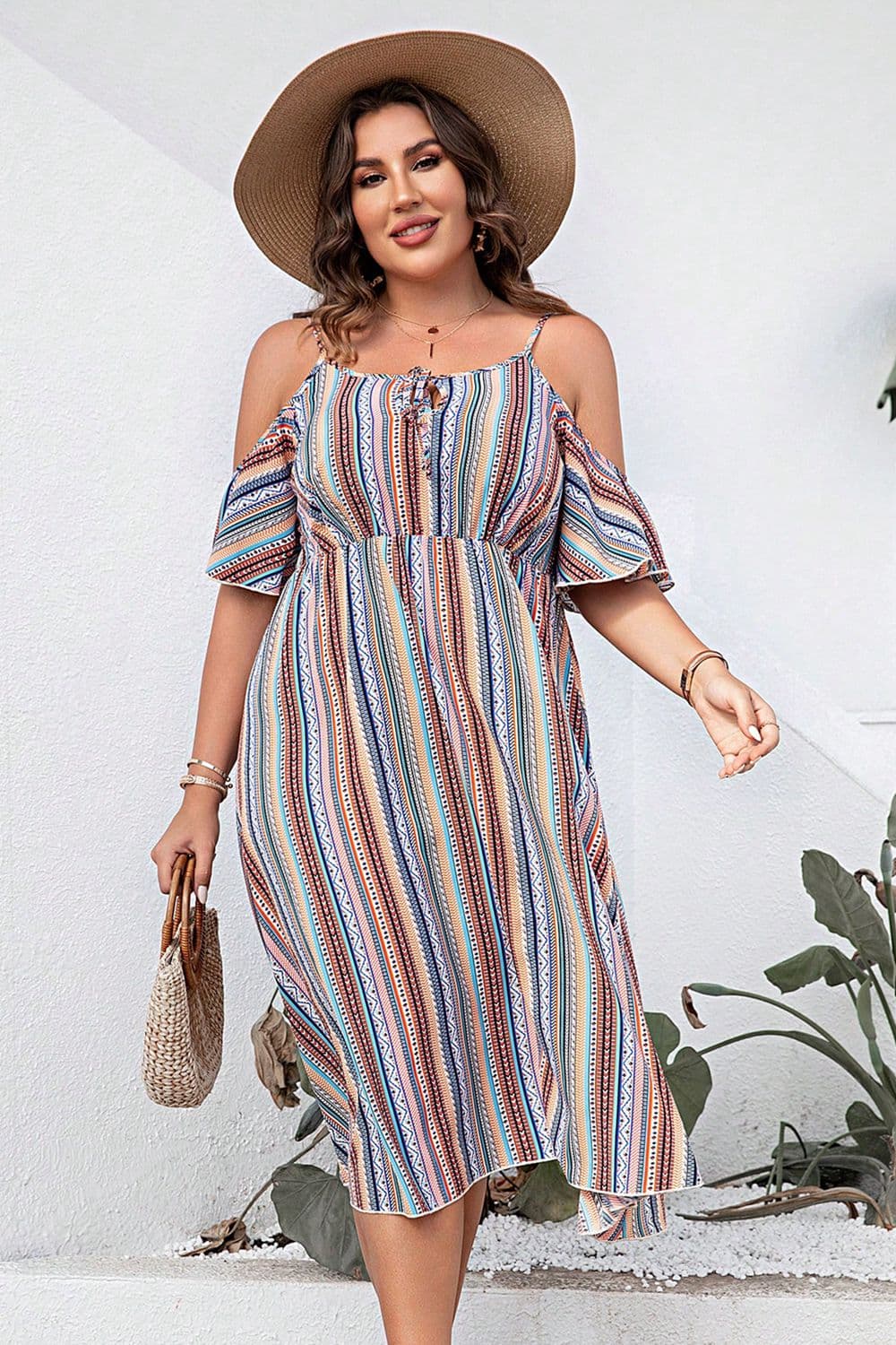 Curvy Girl Striped Cold-Shoulder Dress