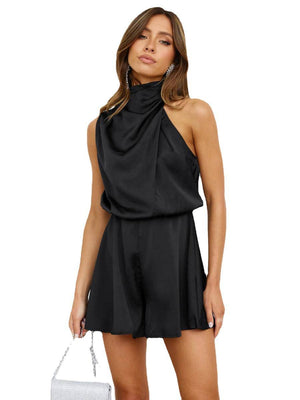 Halter Sleeveless Cut Out Ruffle Satin Romper