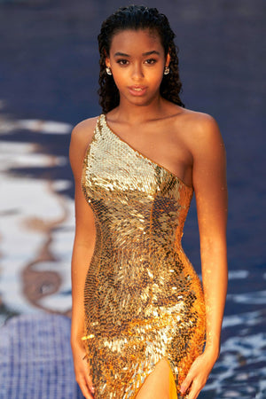 One Shoulder Sleeveless Gold Sequined Maxi Dress