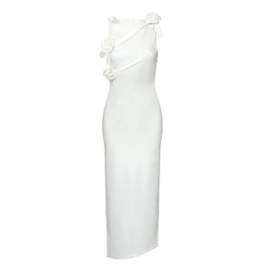 White Glaze Faux Leather Pleated Rose Bow Maxi Dress