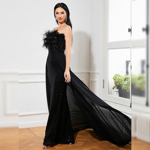 Magnificent Black Sequined Strapless Feather Wrapped Evening Dress